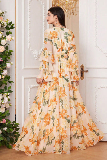 Yellow Floral Chiffon A-Line V-neck Long Sleeves Long Prom Dress